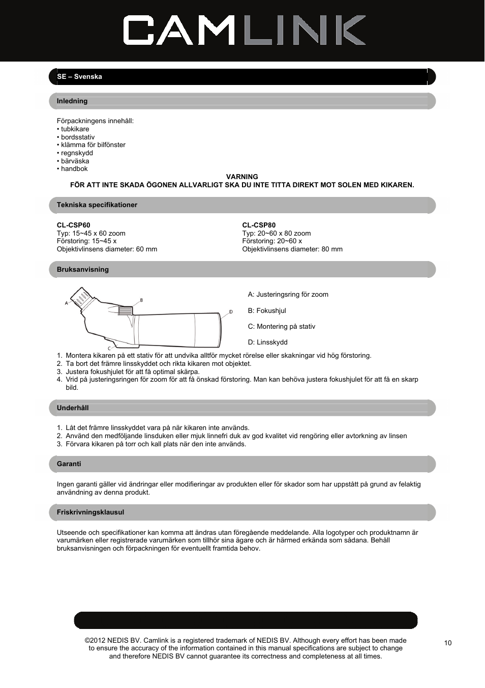 Camlink CSP80 Spotting Scope User Manual | Page 10 / 17