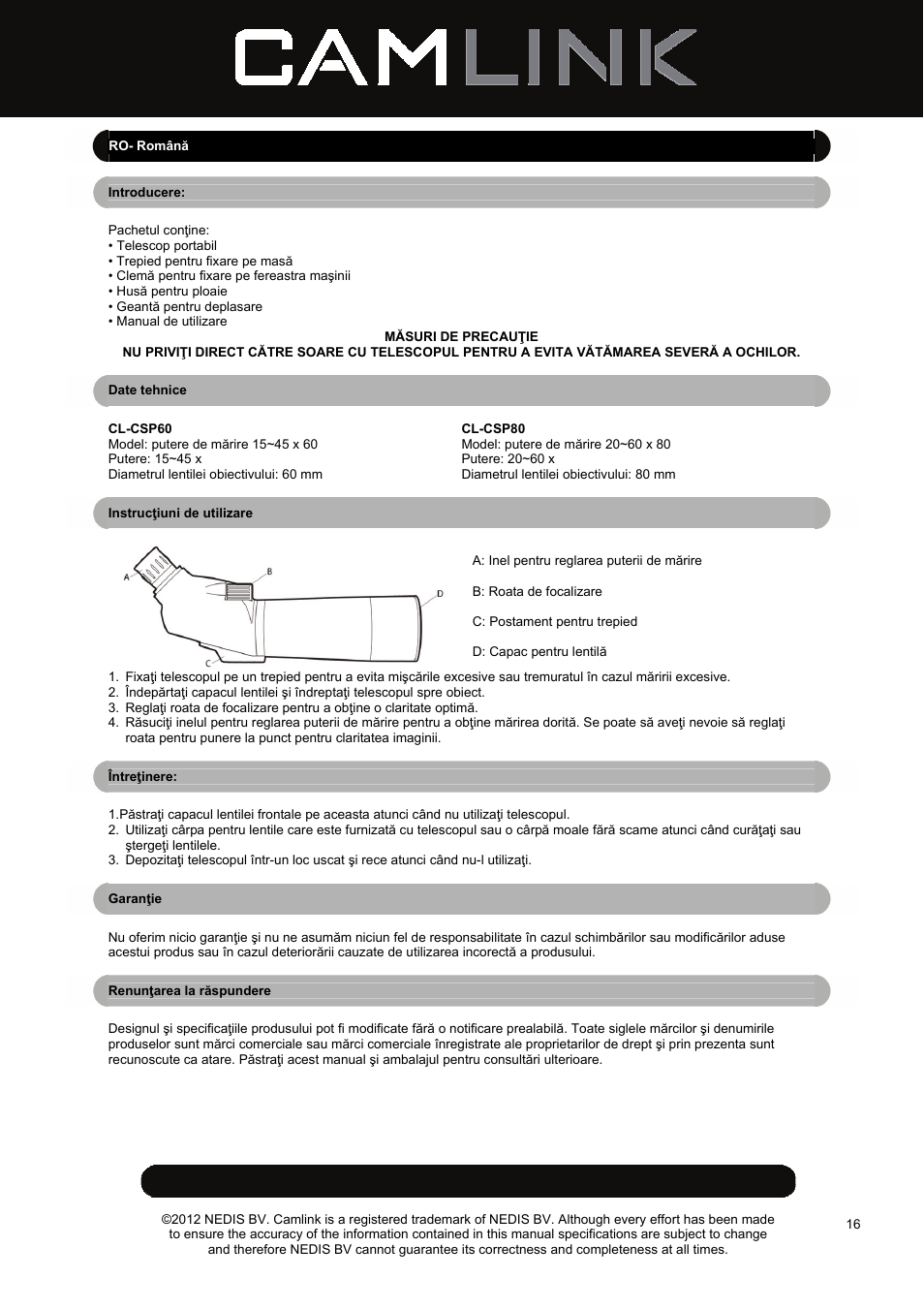 Camlink CSP80 Spotting Scope User Manual | Page 16 / 17