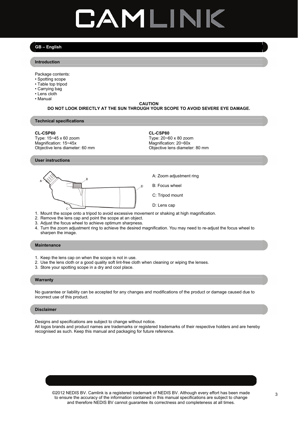 Camlink CSP80 Spotting Scope User Manual | Page 3 / 17