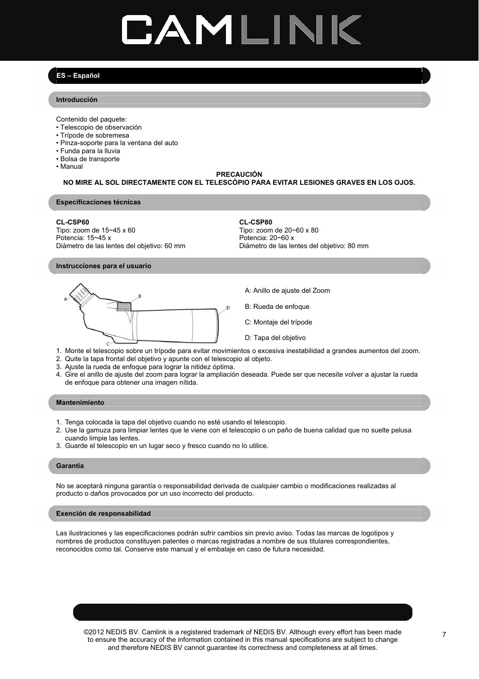 Camlink CSP80 Spotting Scope User Manual | Page 7 / 17