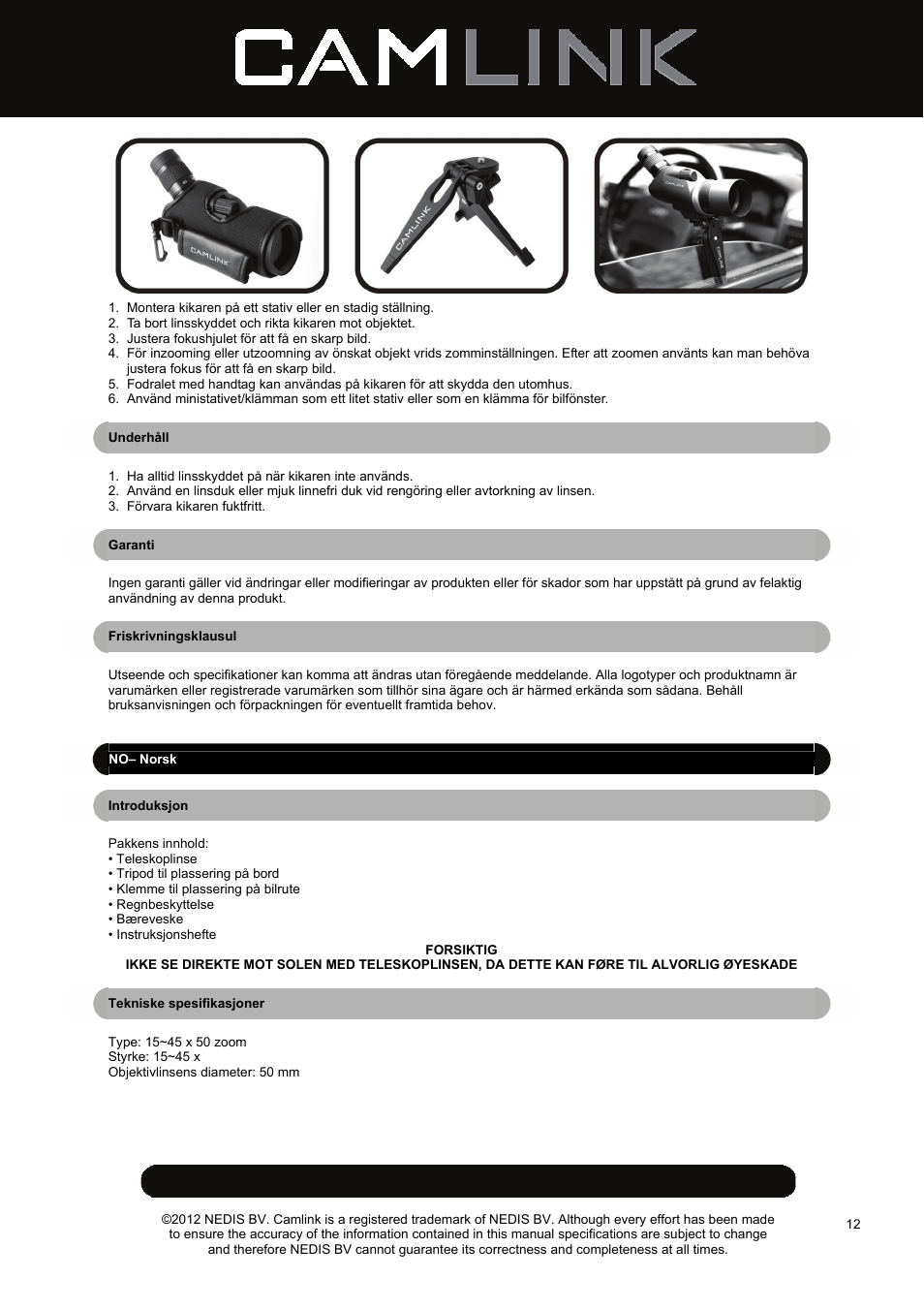 Camlink CSP50 Spotting Scope User Manual | Page 12 / 20