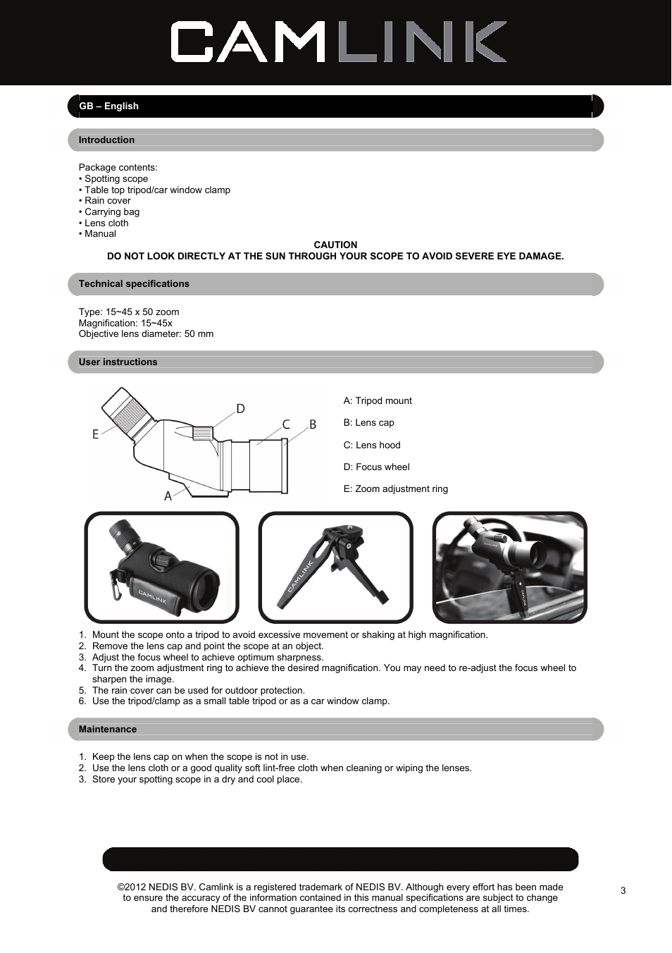 Camlink CSP50 Spotting Scope User Manual | Page 3 / 20