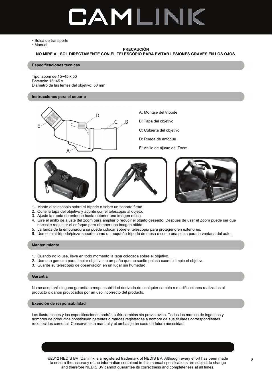 Camlink CSP50 Spotting Scope User Manual | Page 8 / 20