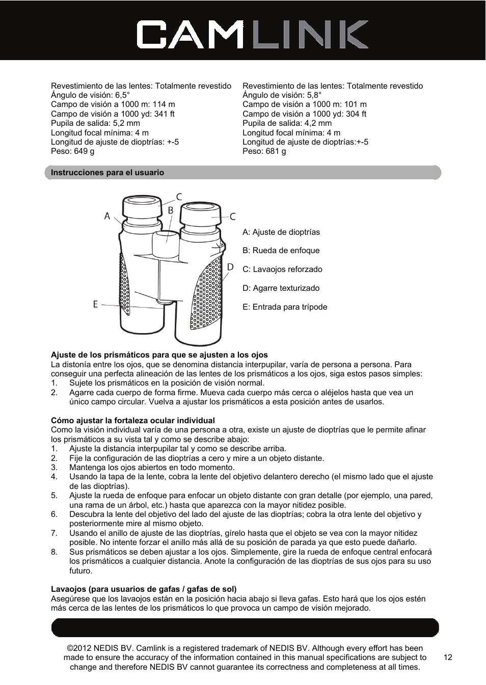 Camlink 8x42 mm binoculars User Manual | Page 12 / 34