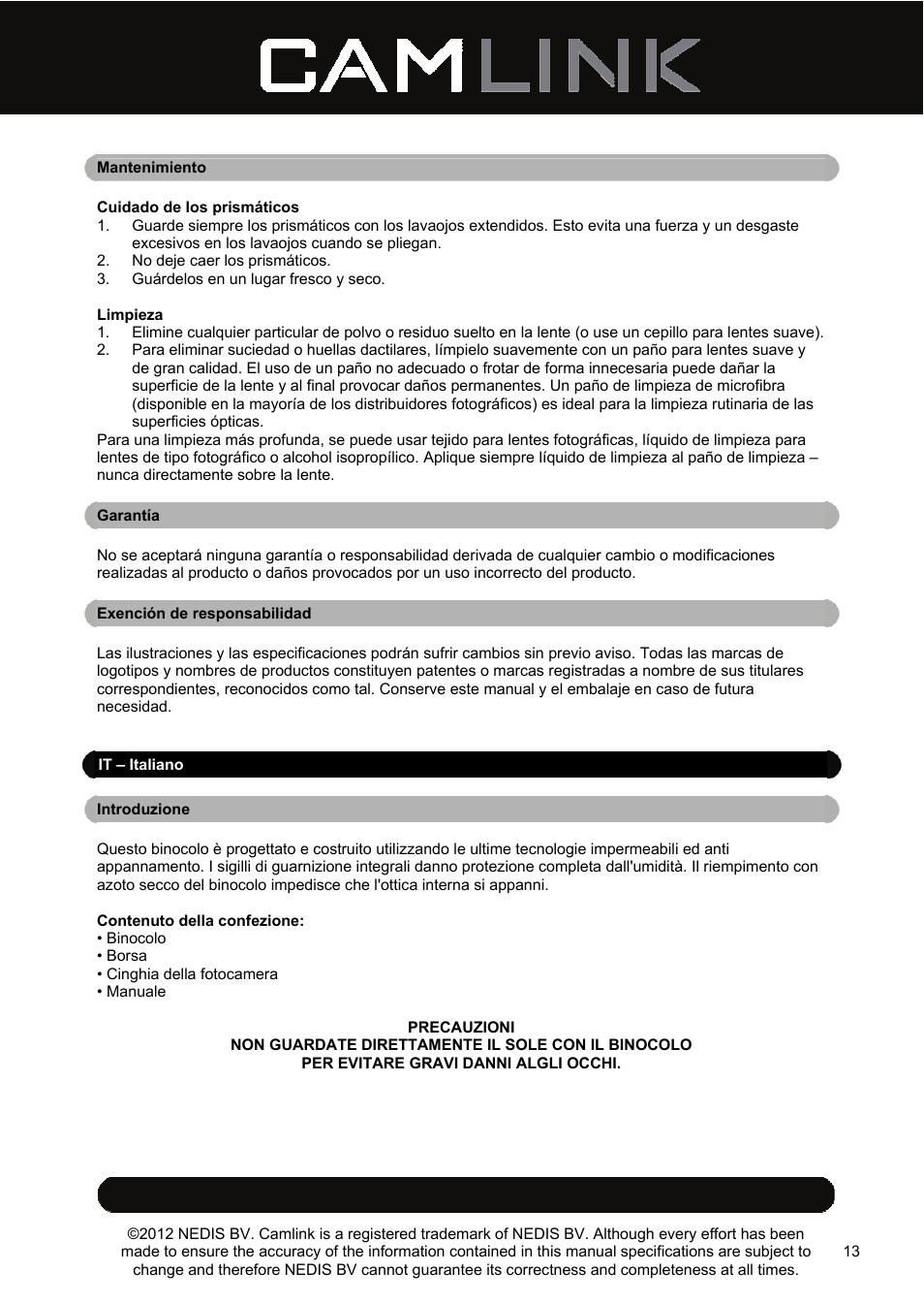 Camlink 8x42 mm binoculars User Manual | Page 13 / 34