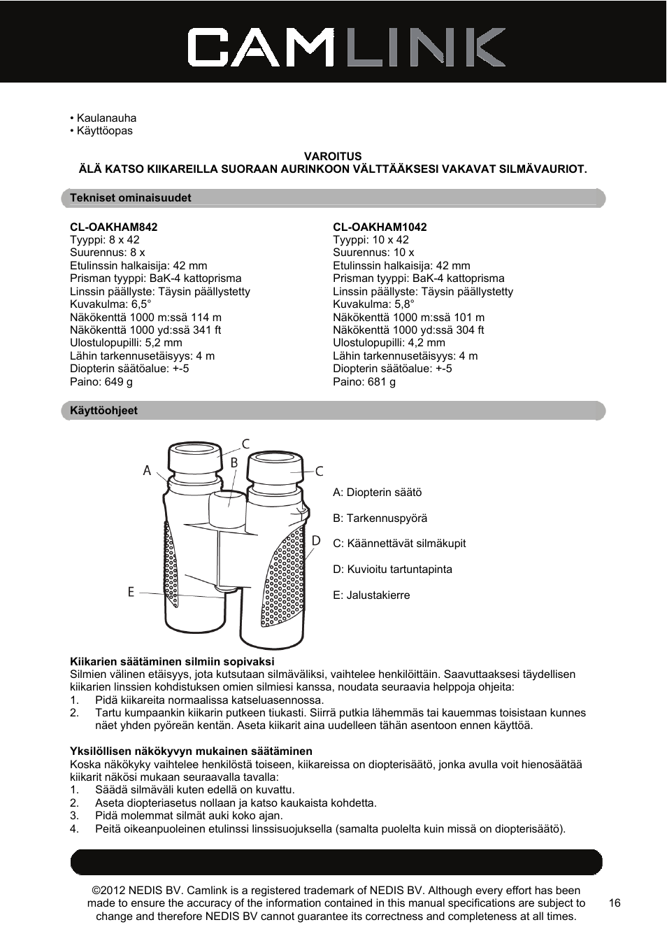 Camlink 8x42 mm binoculars User Manual | Page 16 / 34