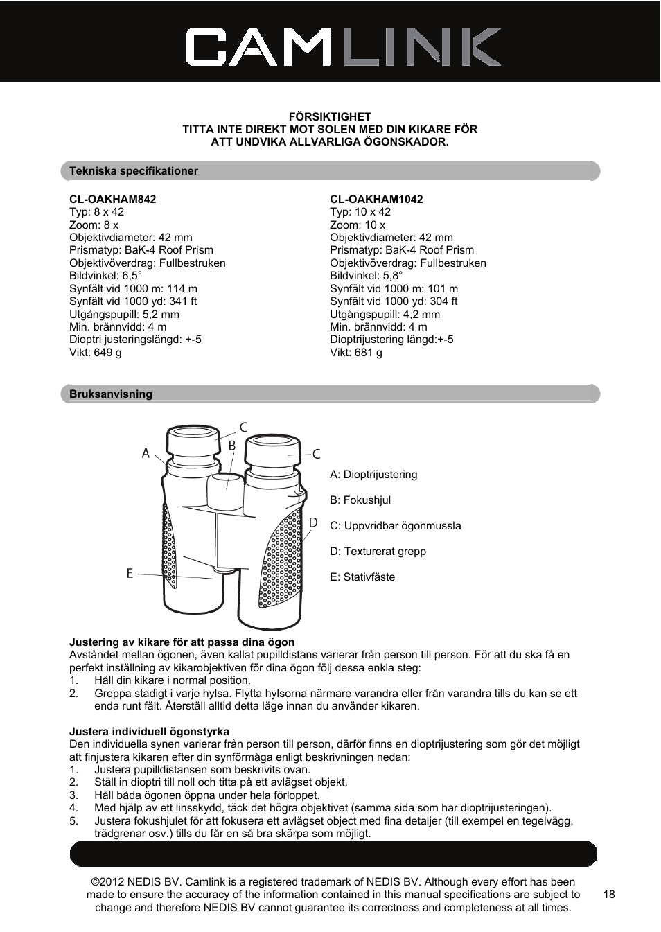 Camlink 8x42 mm binoculars User Manual | Page 18 / 34