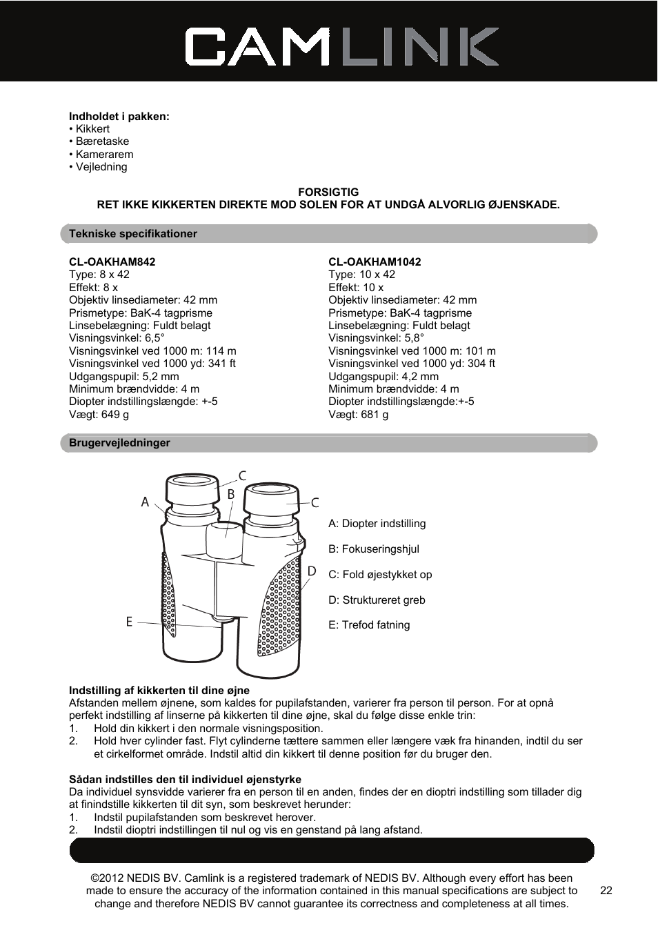 Camlink 8x42 mm binoculars User Manual | Page 22 / 34