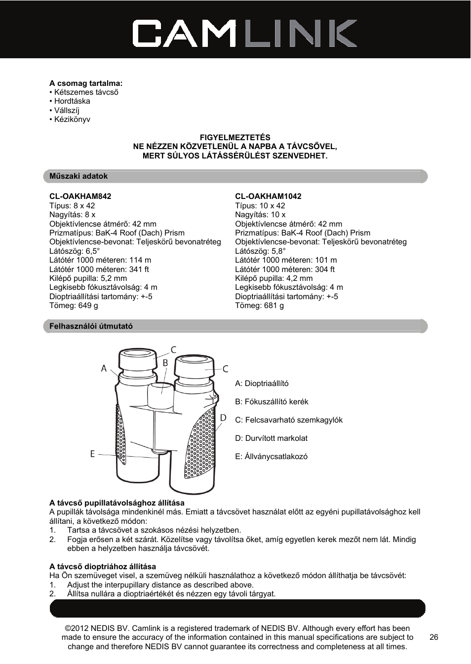 Camlink 8x42 mm binoculars User Manual | Page 26 / 34