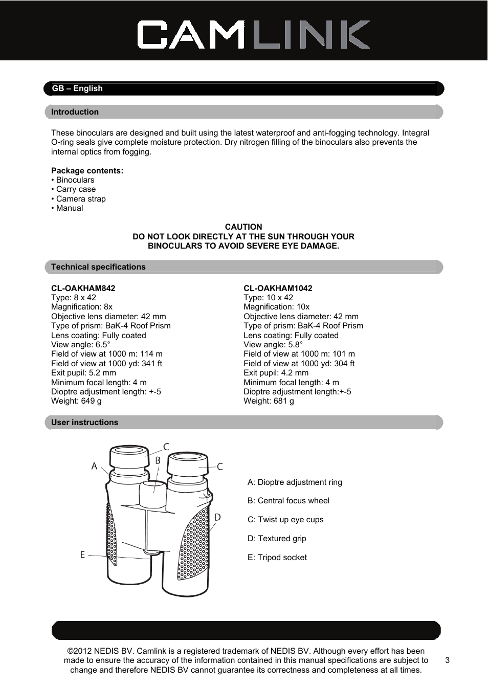 Camlink 8x42 mm binoculars User Manual | Page 3 / 34