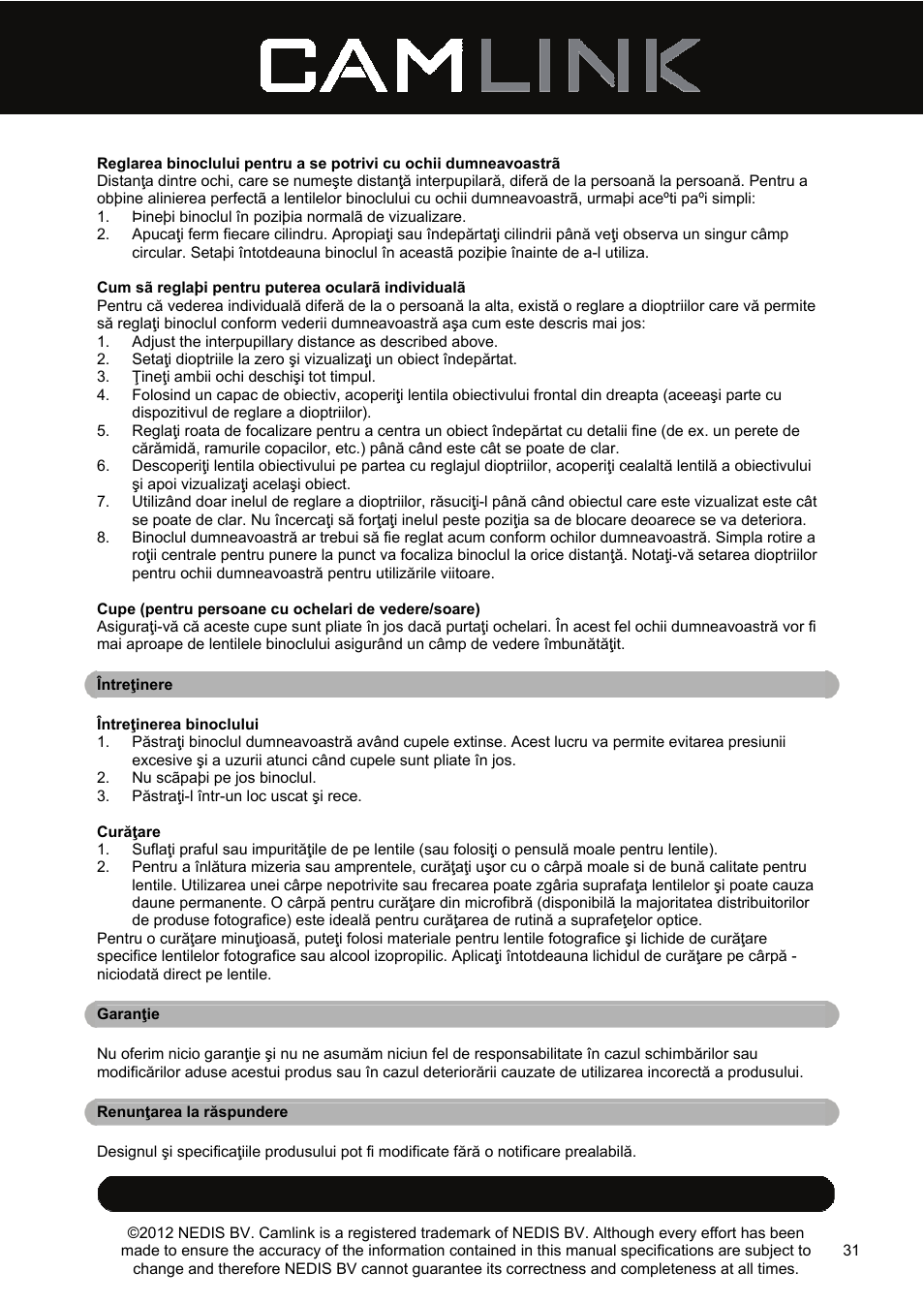 Camlink 8x42 mm binoculars User Manual | Page 31 / 34