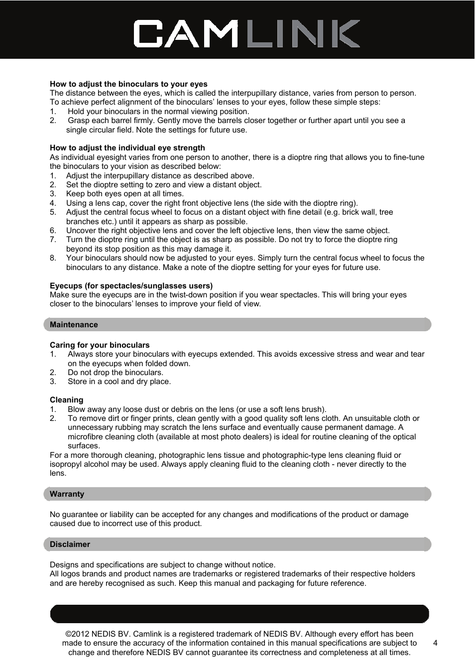 Camlink 8x42 mm binoculars User Manual | Page 4 / 34