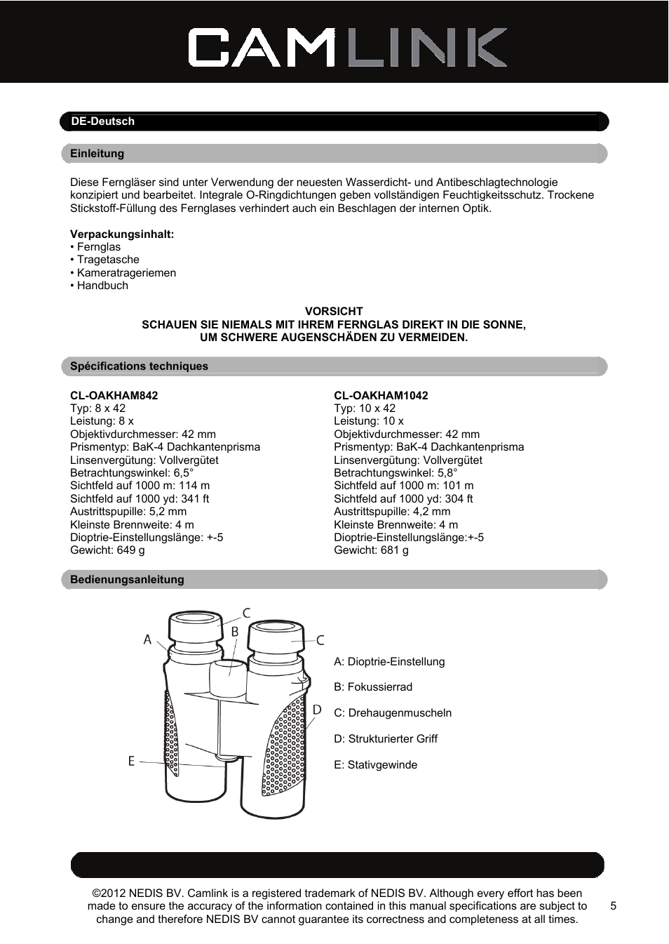 Camlink 8x42 mm binoculars User Manual | Page 5 / 34