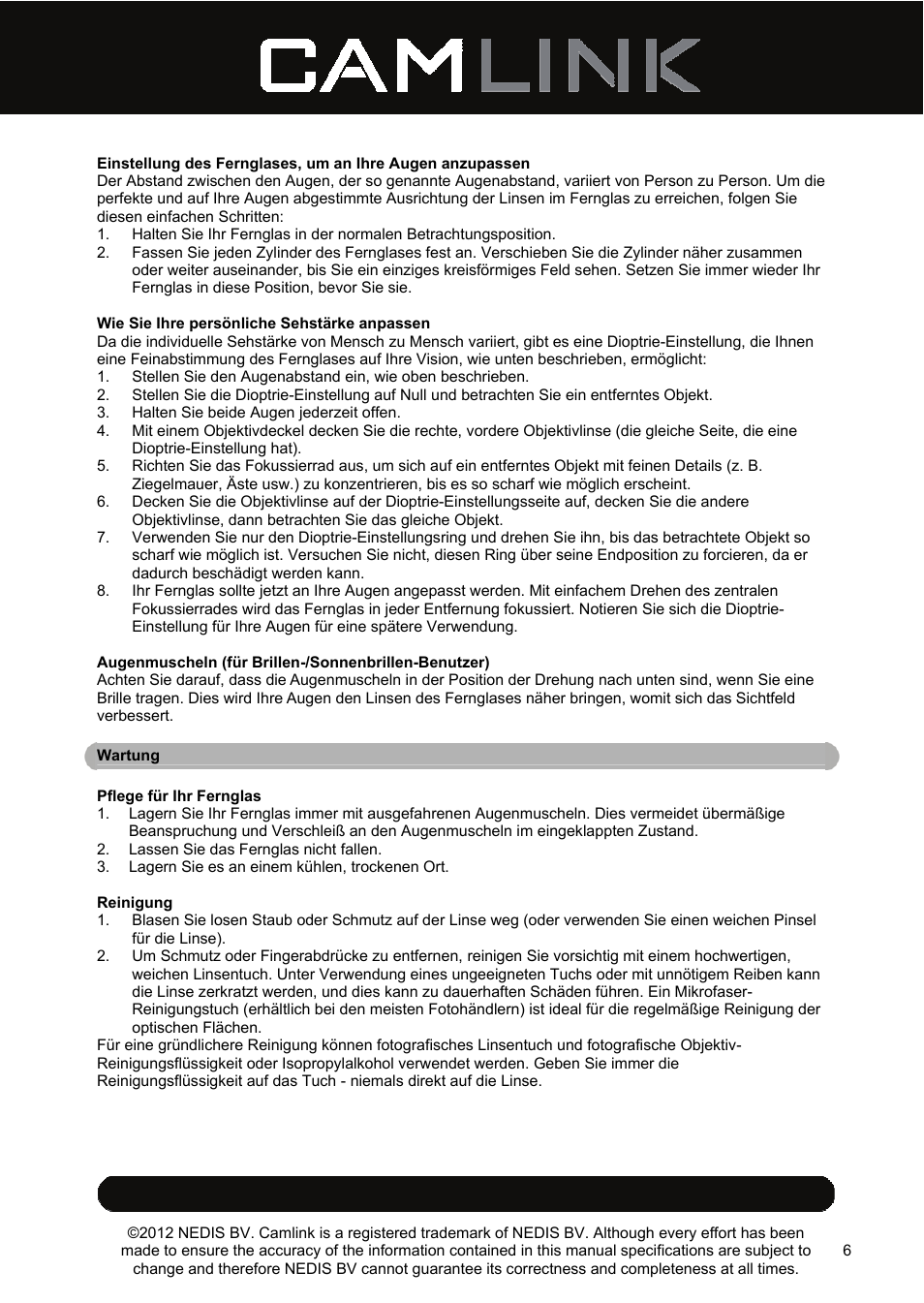 Camlink 8x42 mm binoculars User Manual | Page 6 / 34