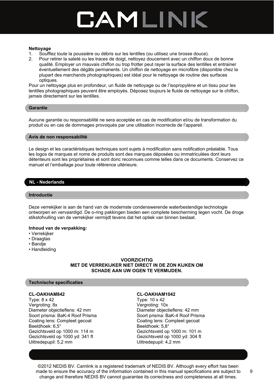 Camlink 8x42 mm binoculars User Manual | Page 9 / 34