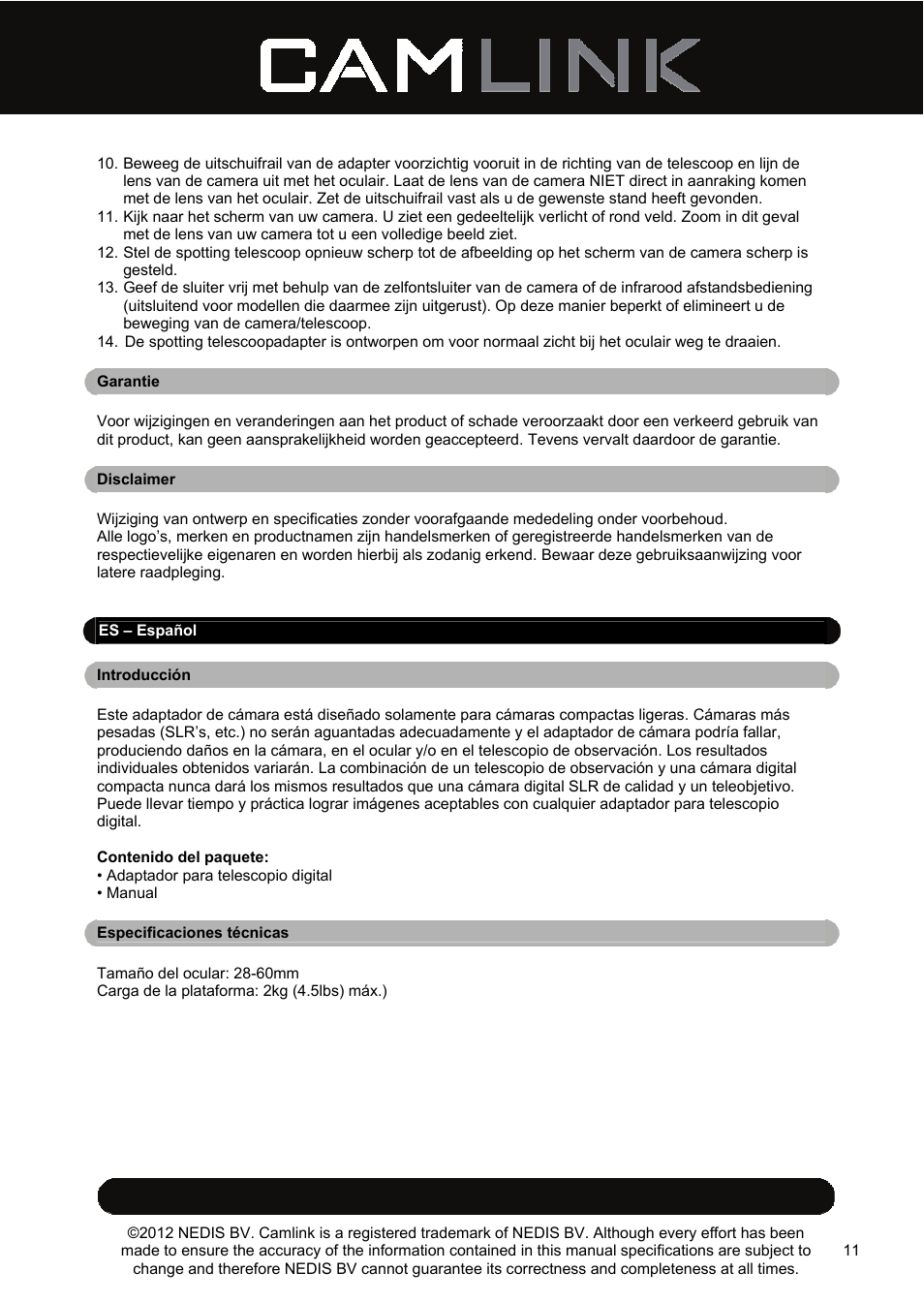 Camlink DSA2 Digiscope adapter User Manual | Page 11 / 35