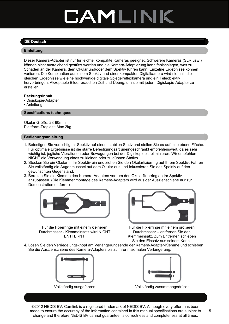 Camlink DSA2 Digiscope adapter User Manual | Page 5 / 35