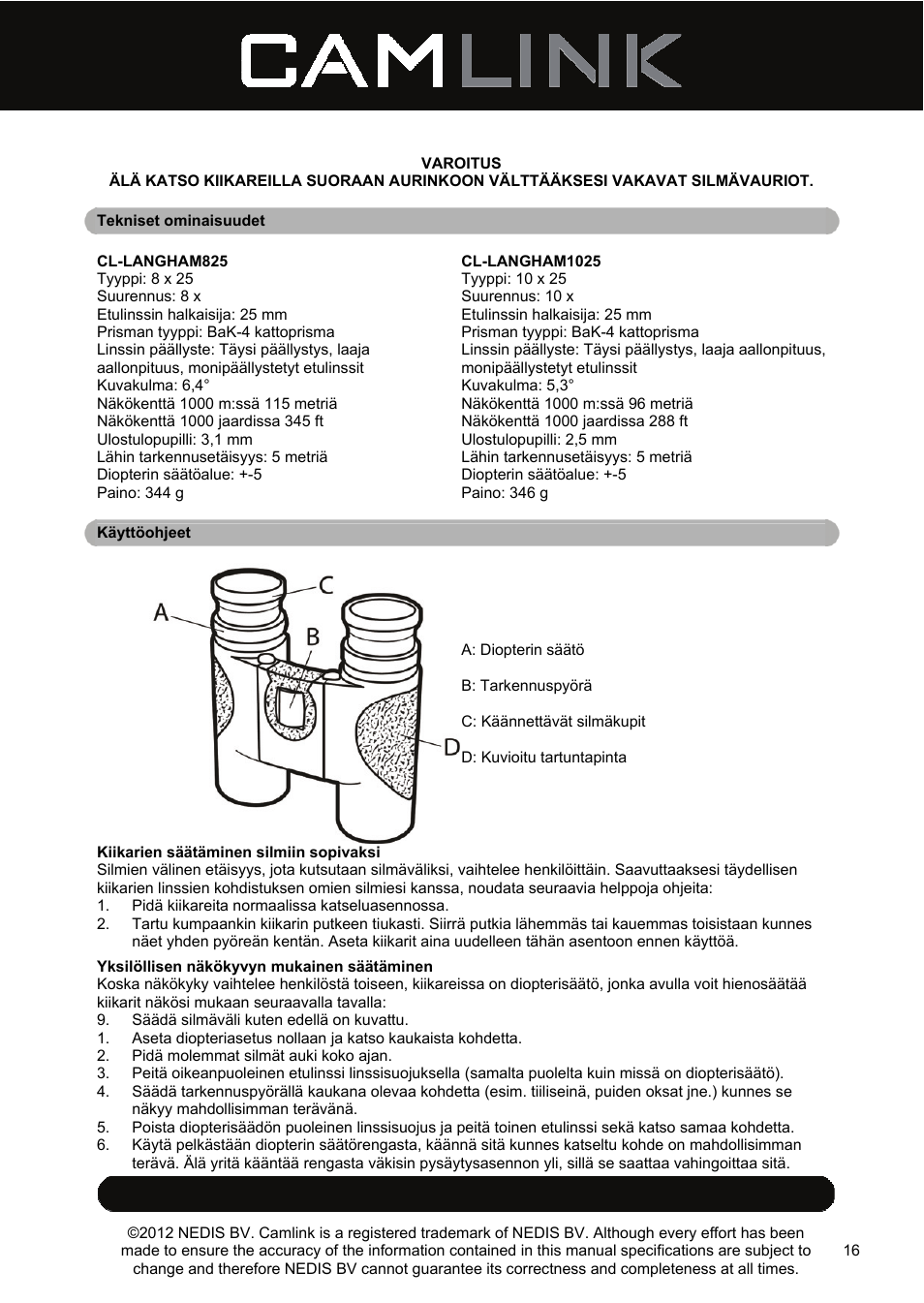 Camlink 8x25 mm binoculars User Manual | Page 16 / 33