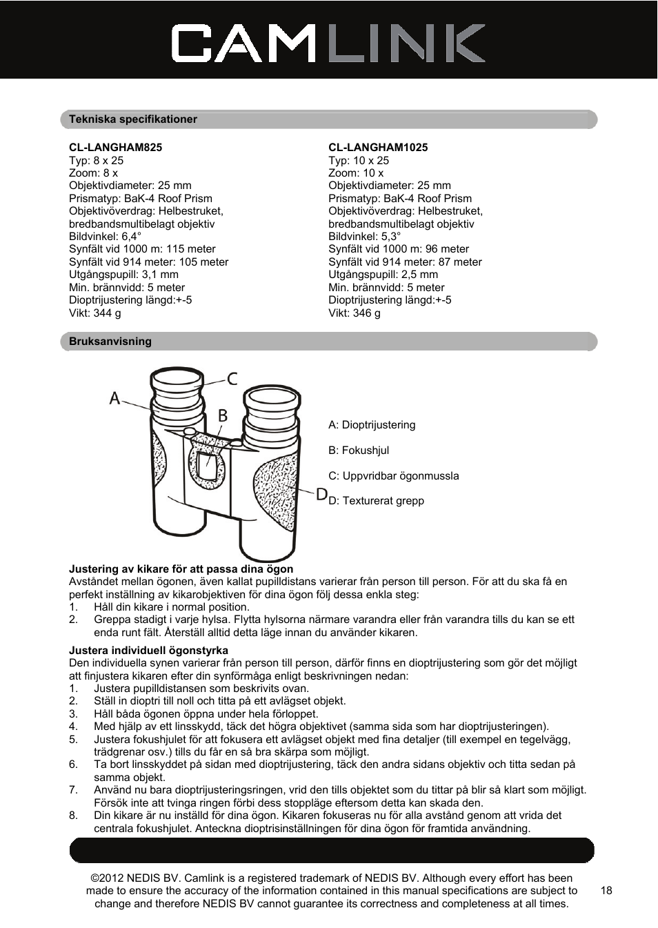 Camlink 8x25 mm binoculars User Manual | Page 18 / 33