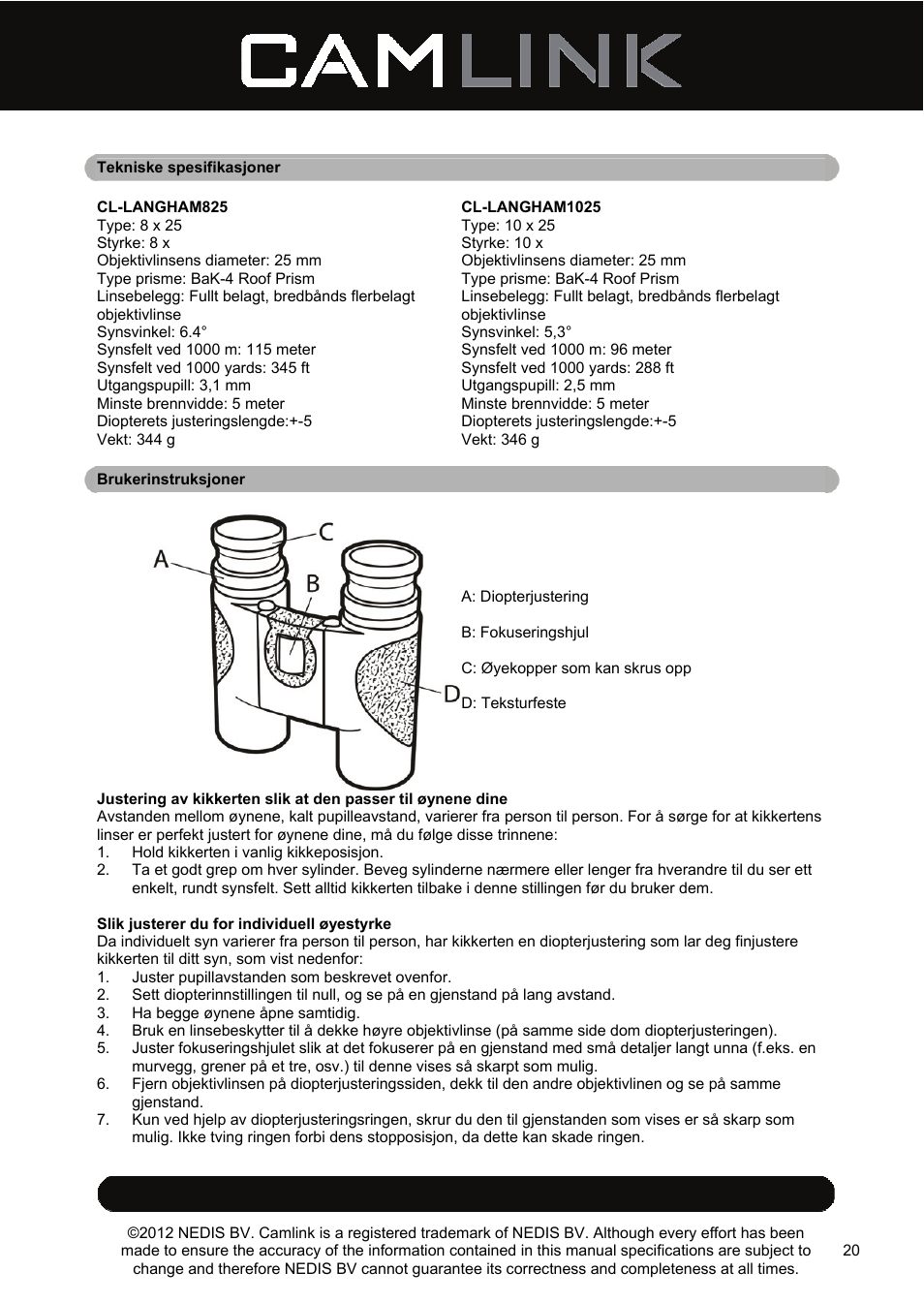Camlink 8x25 mm binoculars User Manual | Page 20 / 33