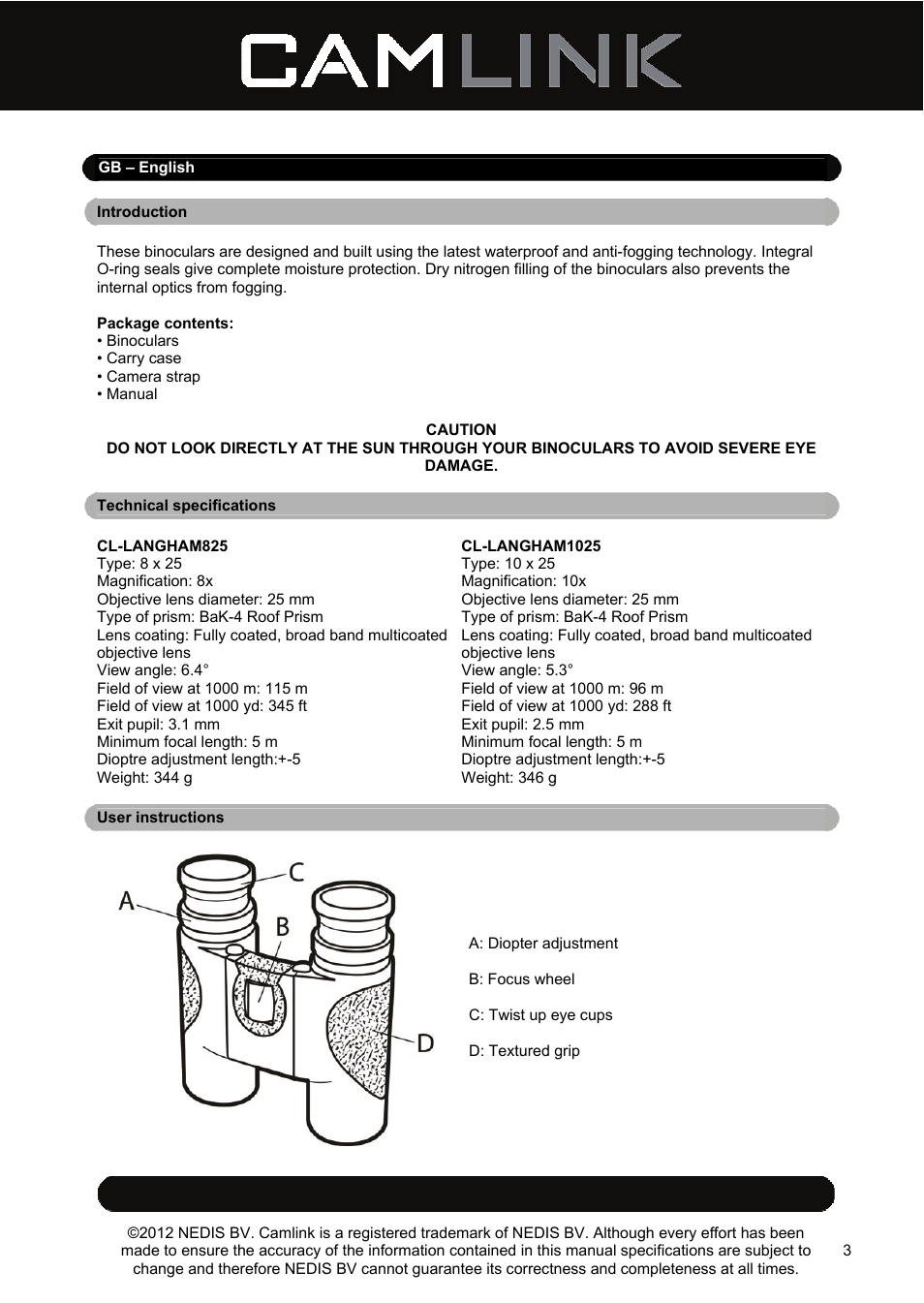 Camlink 8x25 mm binoculars User Manual | Page 3 / 33