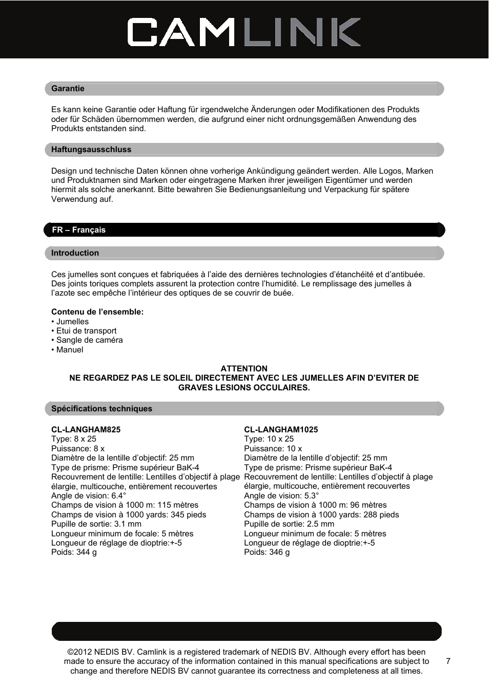 Camlink 8x25 mm binoculars User Manual | Page 7 / 33