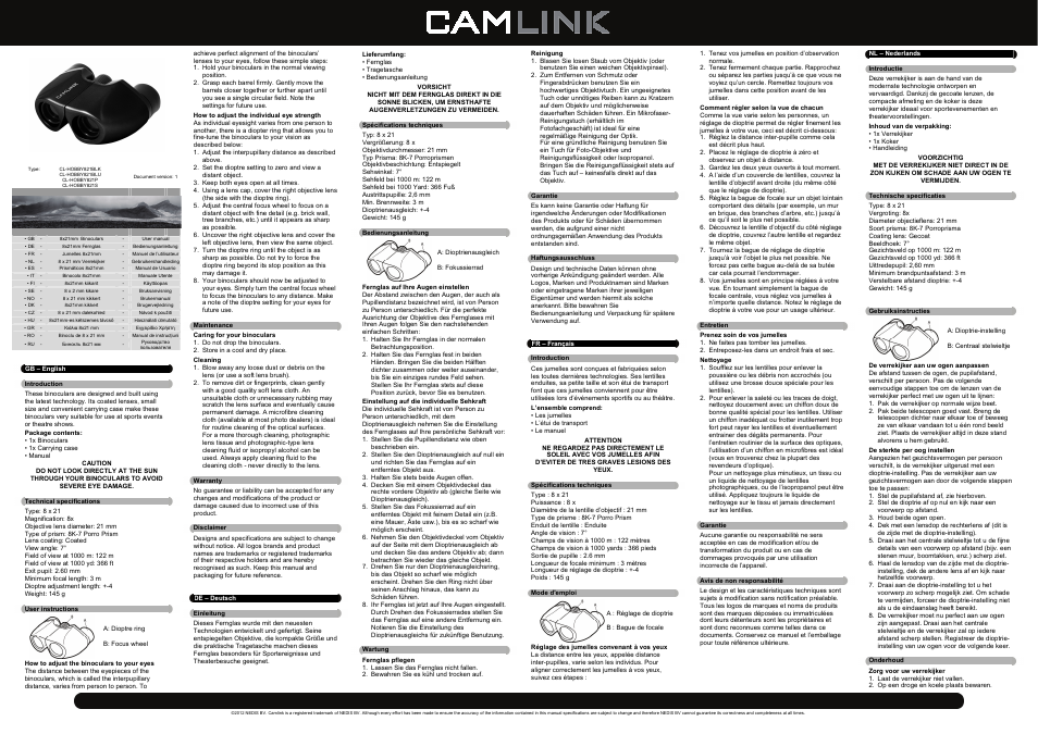 Camlink 8x21 mm black binoculars User Manual | 4 pages
