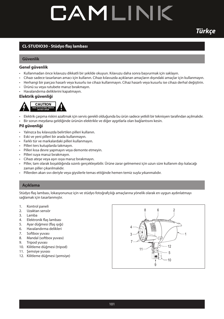 Türkçe | Camlink Professional photo studio CL-STUDIO30 User Manual | Page 101 / 108