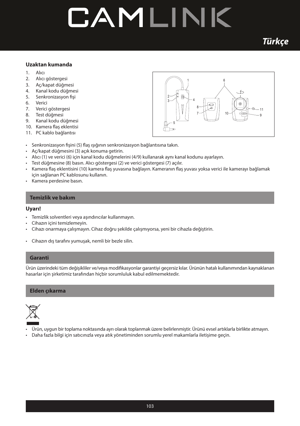 Türkçe, Uzaktan kumanda, Temizlik ve bakım uyarı | Garanti, Elden çıkarma | Camlink Professional photo studio CL-STUDIO30 User Manual | Page 103 / 108