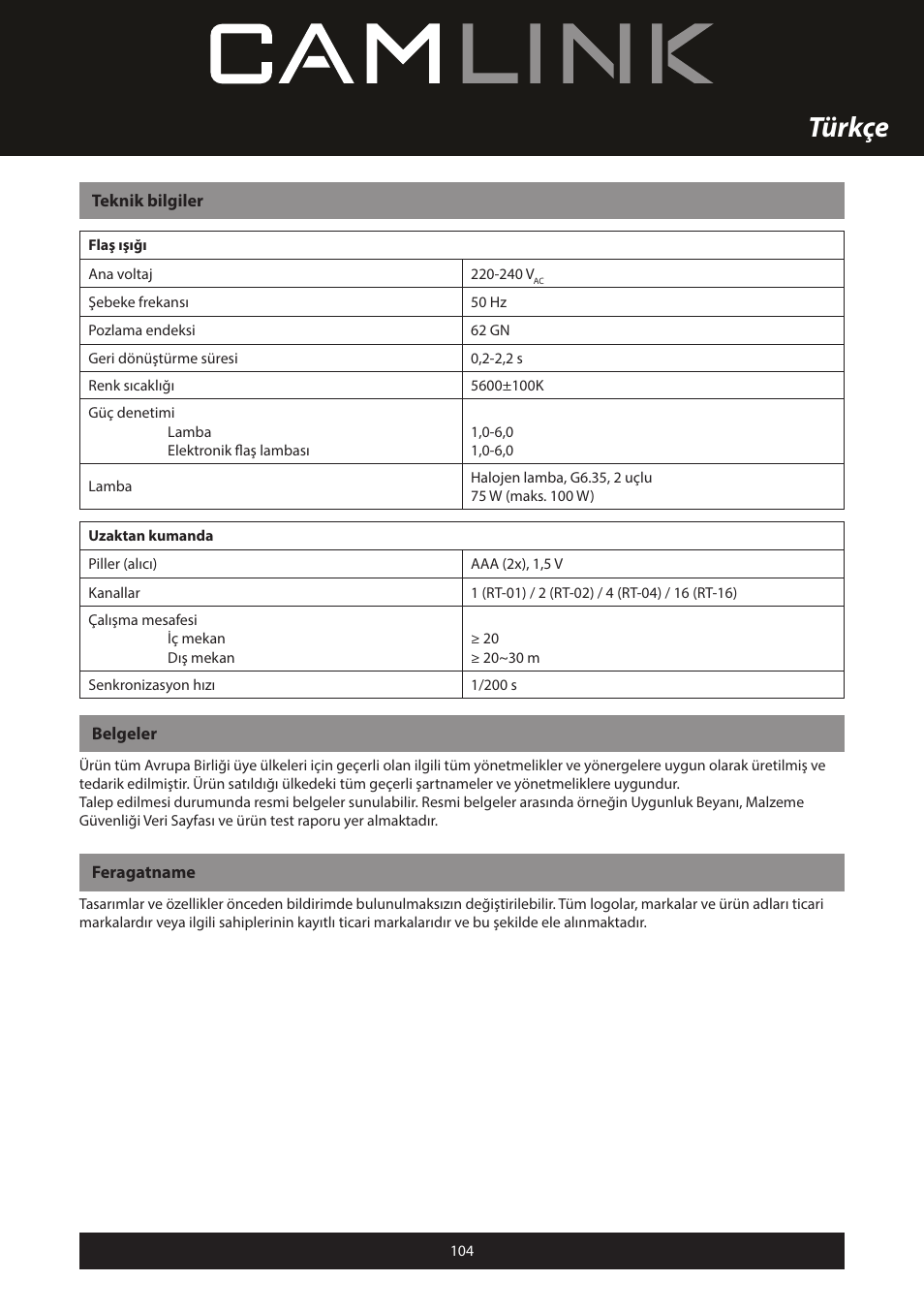 Türkçe | Camlink Professional photo studio CL-STUDIO30 User Manual | Page 104 / 108
