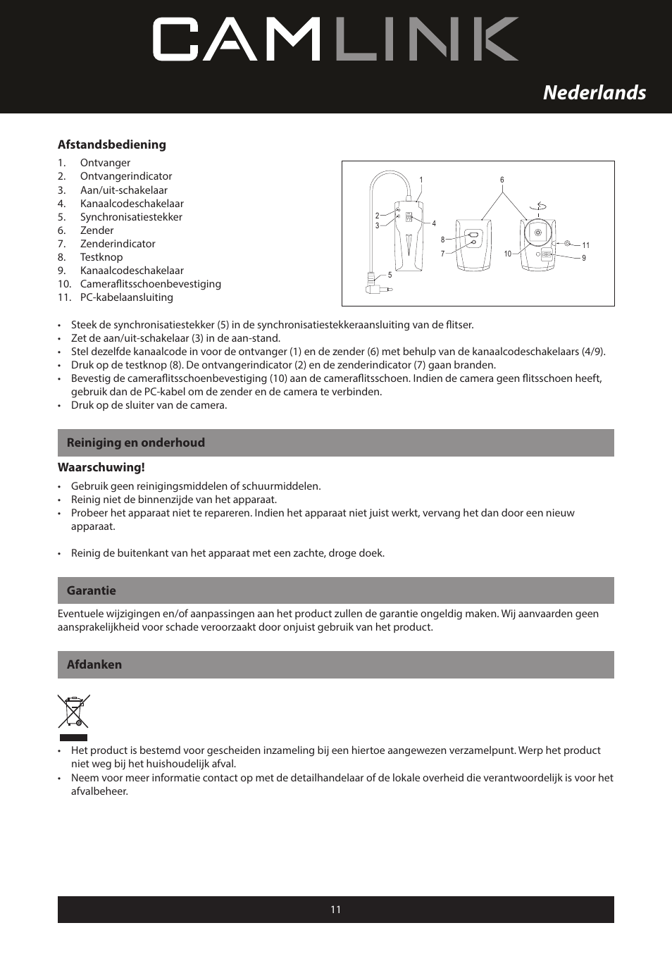 Nederlands, Afstandsbediening, Reiniging en onderhoud waarschuwing | Garantie, Afdanken | Camlink Professional photo studio CL-STUDIO30 User Manual | Page 11 / 108