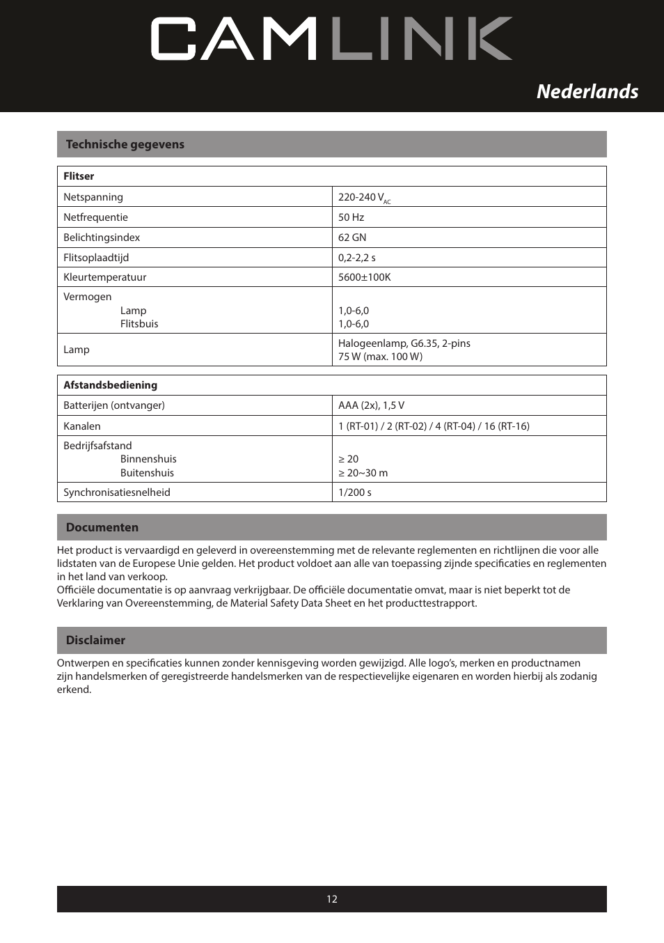 Nederlands | Camlink Professional photo studio CL-STUDIO30 User Manual | Page 12 / 108