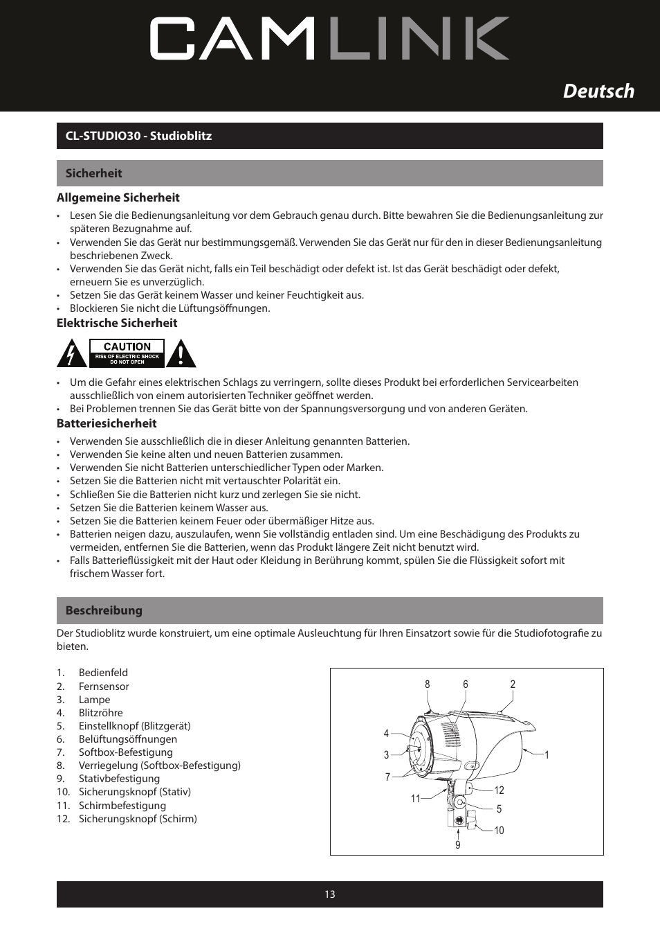 Deutsch | Camlink Professional photo studio CL-STUDIO30 User Manual | Page 13 / 108