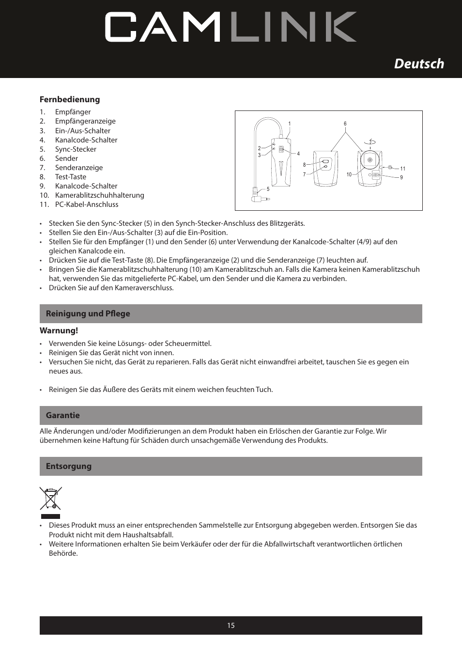 Deutsch, Fernbedienung, Reinigung und pflege warnung | Garantie, Entsorgung | Camlink Professional photo studio CL-STUDIO30 User Manual | Page 15 / 108