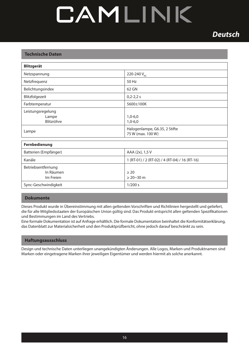 Deutsch | Camlink Professional photo studio CL-STUDIO30 User Manual | Page 16 / 108