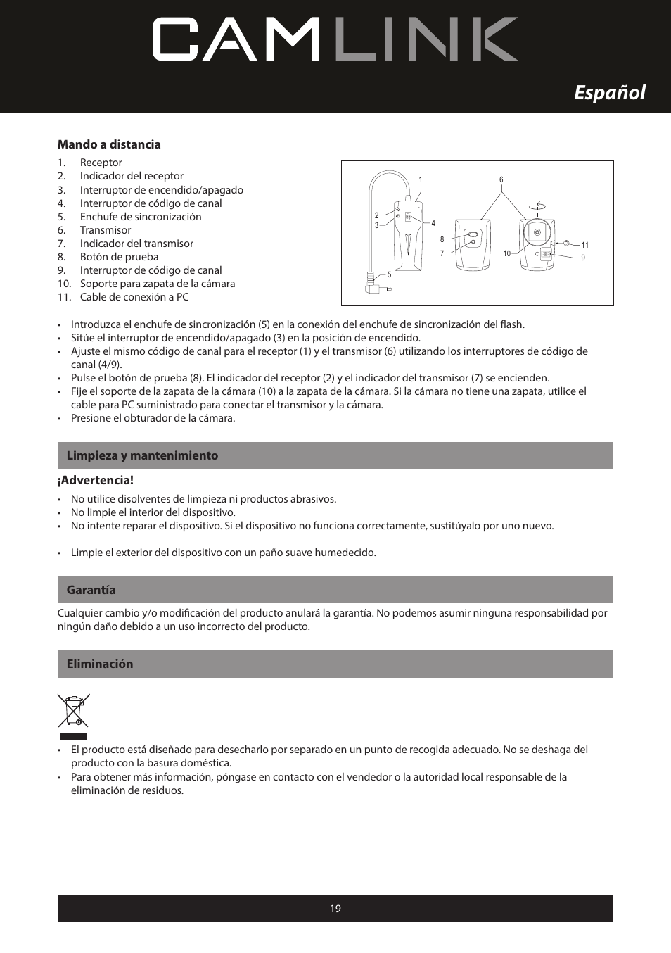 Español, Mando a distancia, Limpieza y mantenimiento ¡advertencia | Garantía, Eliminación | Camlink Professional photo studio CL-STUDIO30 User Manual | Page 19 / 108