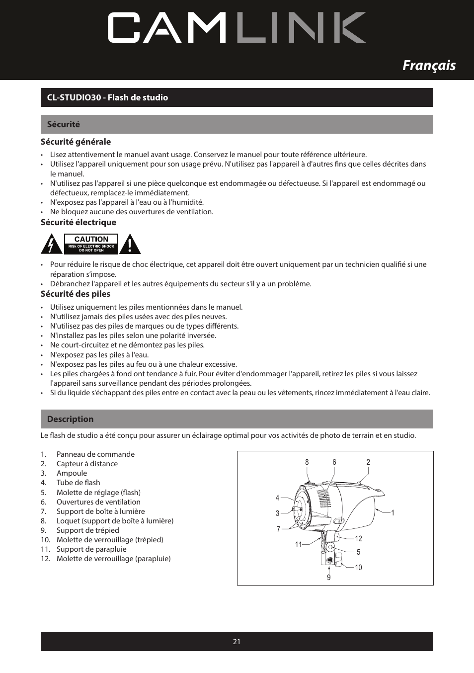 Français | Camlink Professional photo studio CL-STUDIO30 User Manual | Page 21 / 108
