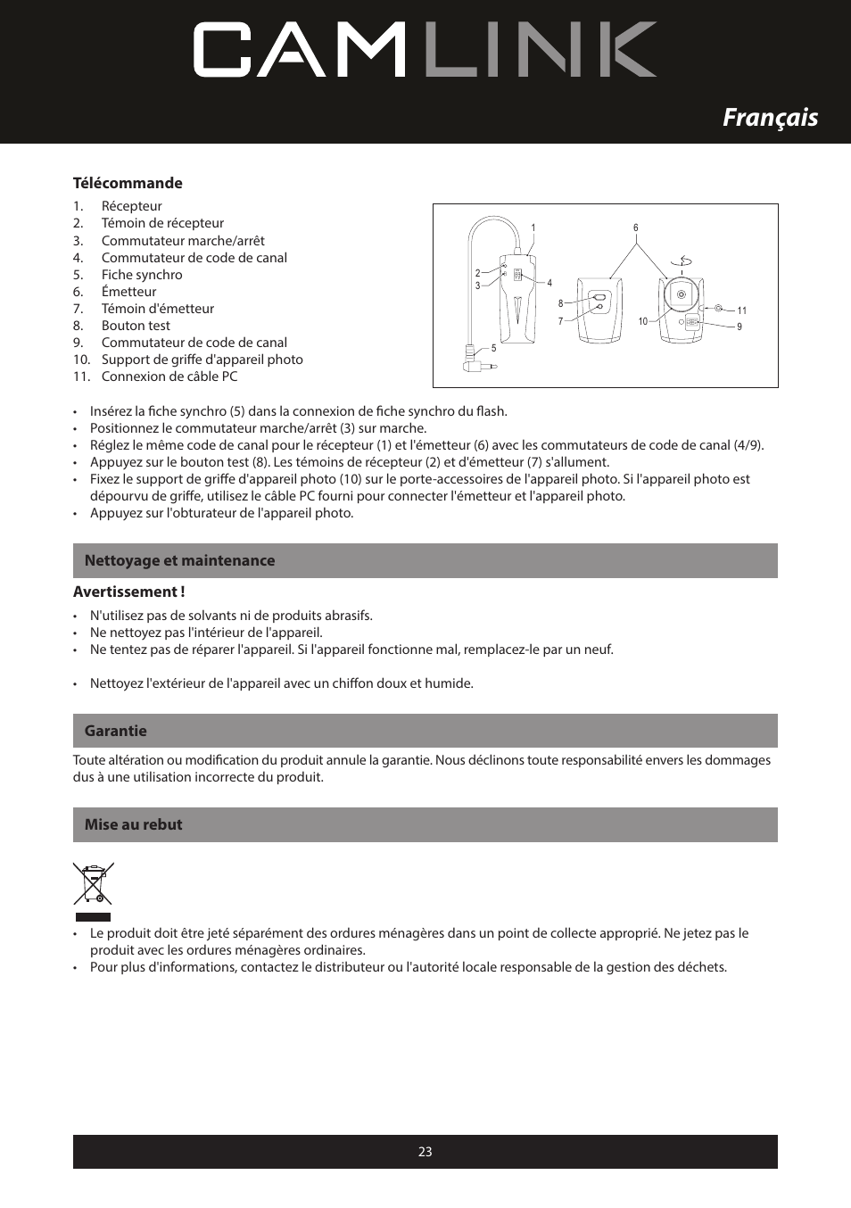 Français, Télécommande, Nettoyage et maintenance avertissement | Garantie, Mise au rebut | Camlink Professional photo studio CL-STUDIO30 User Manual | Page 23 / 108