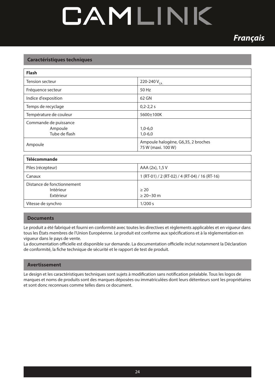 Français | Camlink Professional photo studio CL-STUDIO30 User Manual | Page 24 / 108