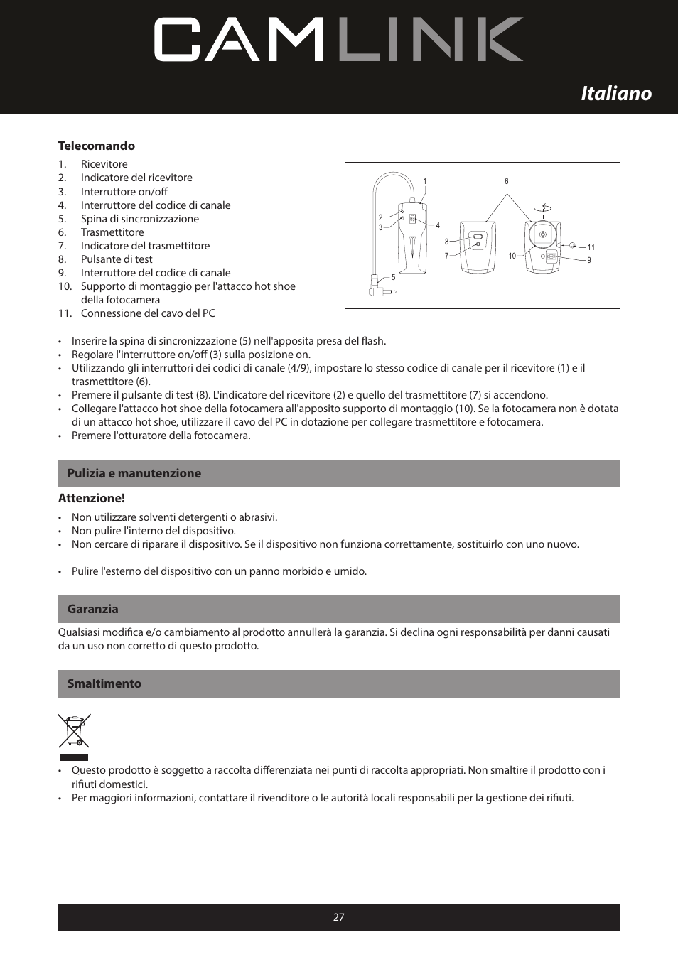 Italiano, Telecomando, Pulizia e manutenzione attenzione | Garanzia, Smaltimento | Camlink Professional photo studio CL-STUDIO30 User Manual | Page 27 / 108