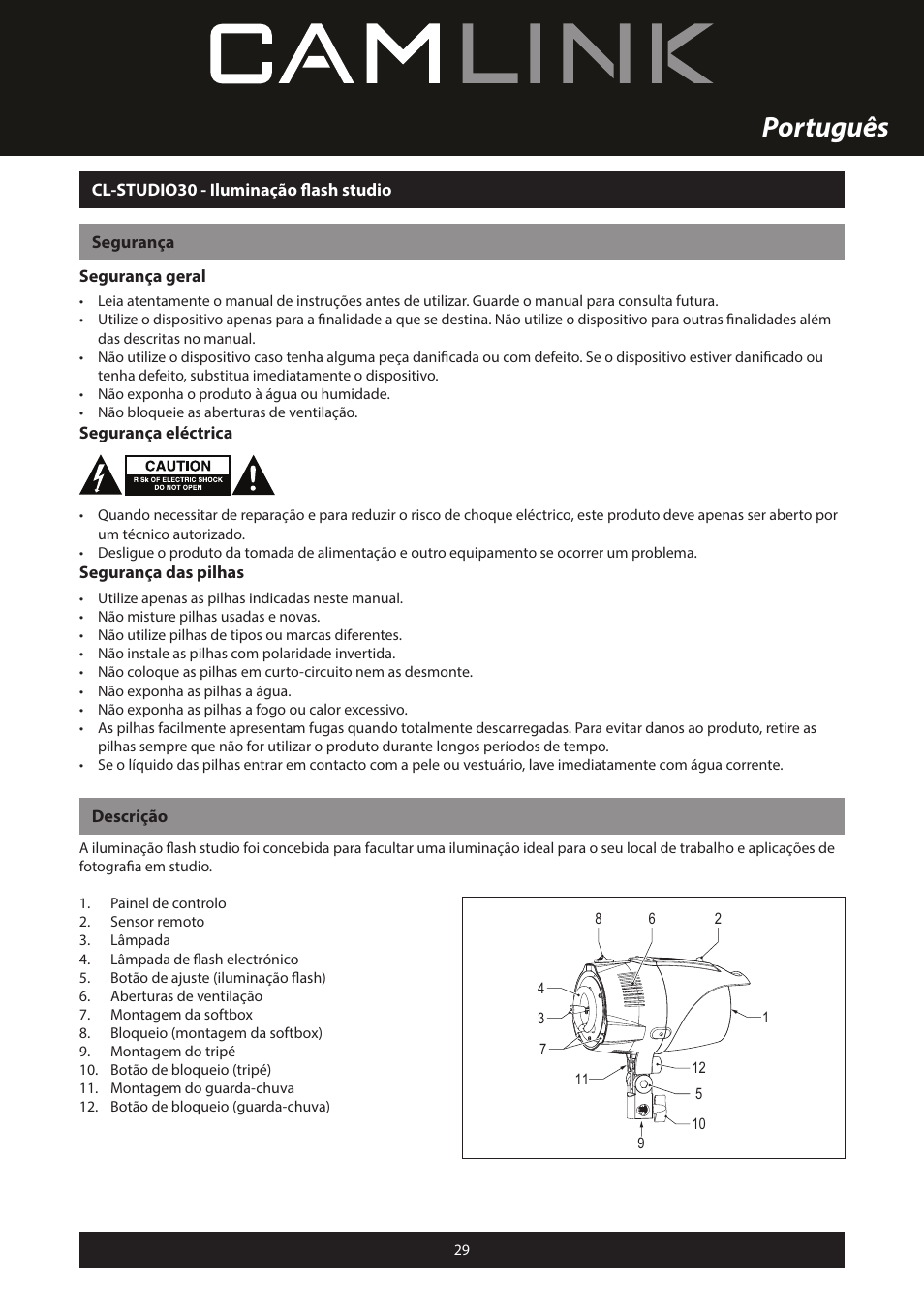 Português | Camlink Professional photo studio CL-STUDIO30 User Manual | Page 29 / 108