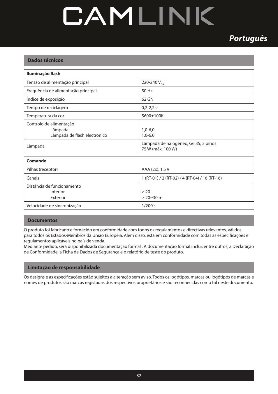 Português | Camlink Professional photo studio CL-STUDIO30 User Manual | Page 32 / 108