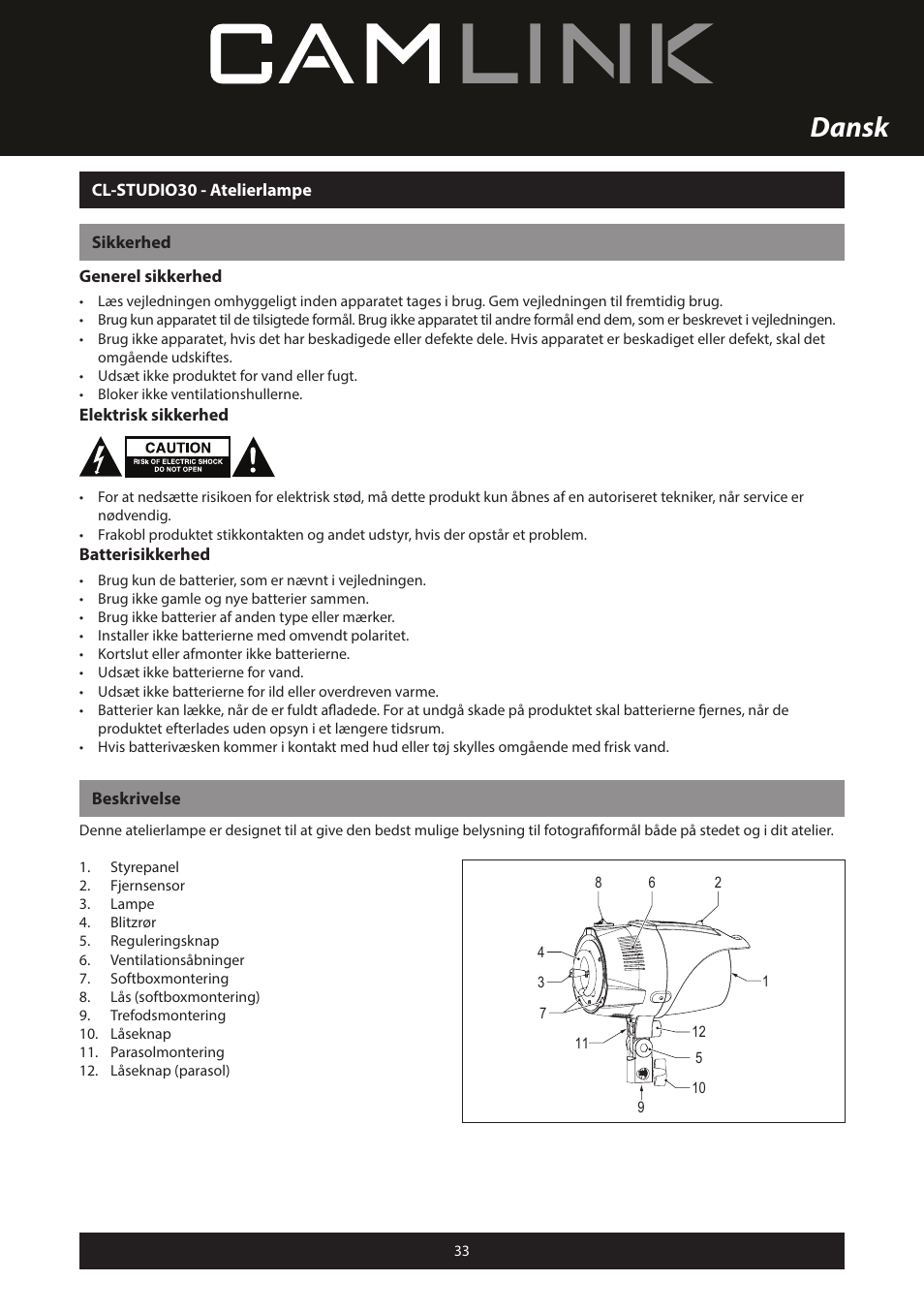 Dansk | Camlink Professional photo studio CL-STUDIO30 User Manual | Page 33 / 108