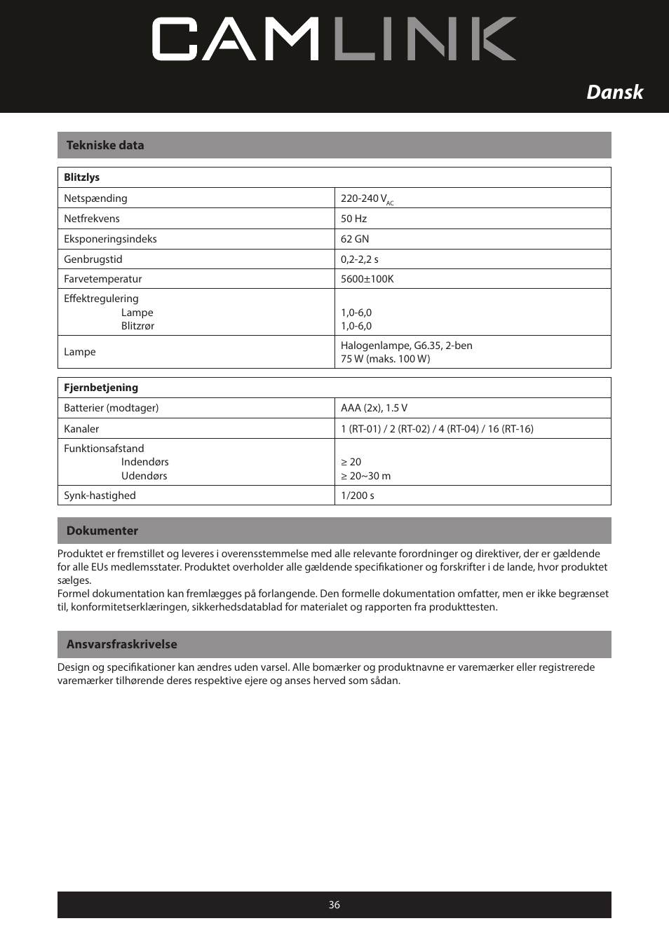 Dansk | Camlink Professional photo studio CL-STUDIO30 User Manual | Page 36 / 108