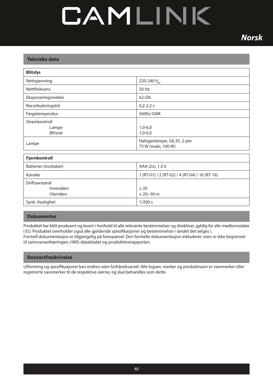 Norsk | Camlink Professional photo studio CL-STUDIO30 User Manual | Page 40 / 108