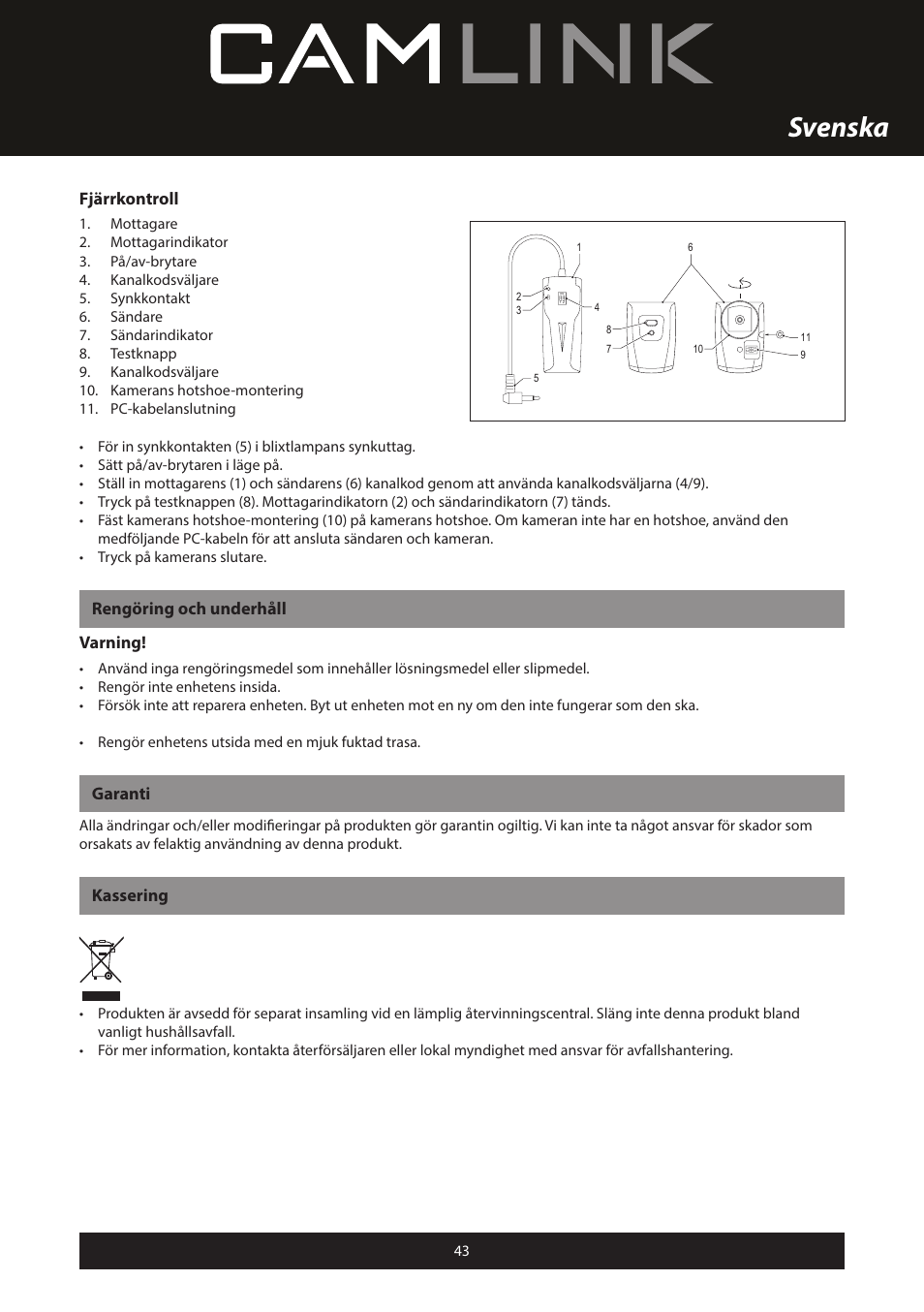 Svenska, Fjärrkontroll, Rengöring och underhåll varning | Garanti, Kassering | Camlink Professional photo studio CL-STUDIO30 User Manual | Page 43 / 108