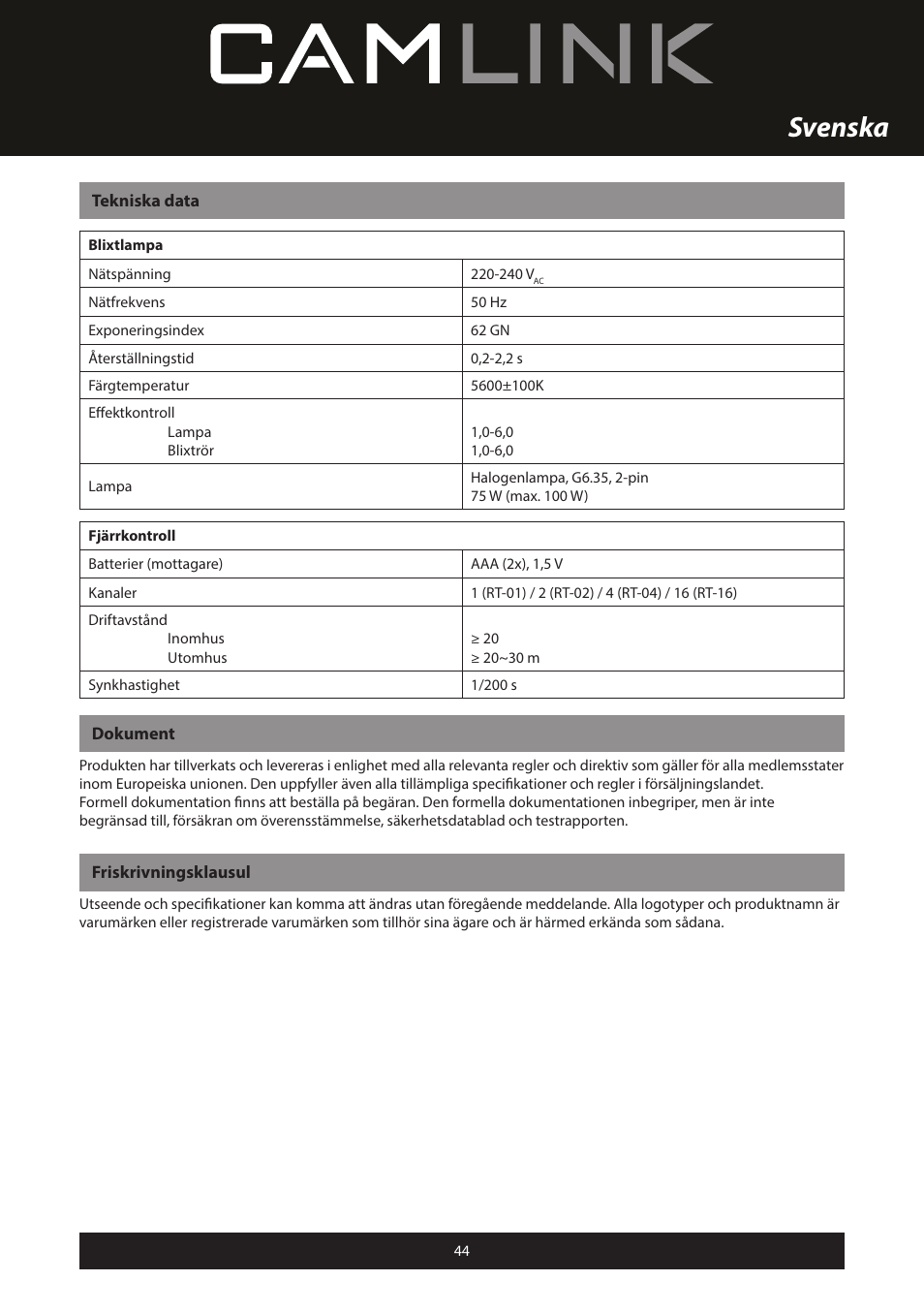 Svenska | Camlink Professional photo studio CL-STUDIO30 User Manual | Page 44 / 108