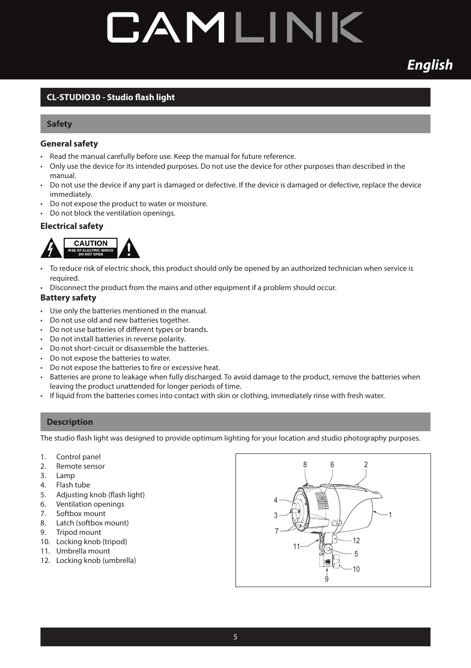 English | Camlink Professional photo studio CL-STUDIO30 User Manual | Page 5 / 108