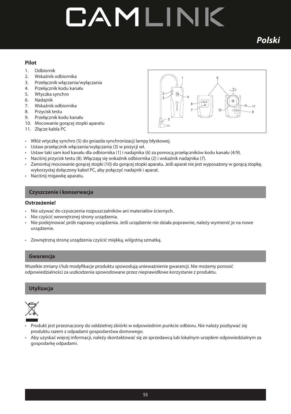 Polski, Pilot, Czyszczenie i konserwacja ostrzeżenie | Gwarancja, Utylizacja | Camlink Professional photo studio CL-STUDIO30 User Manual | Page 55 / 108