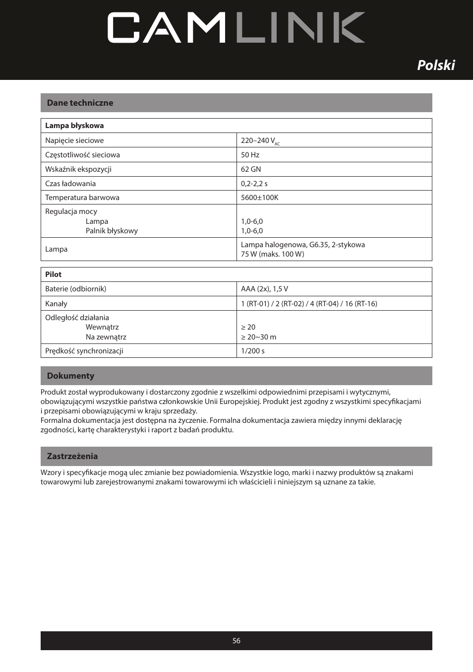 Polski | Camlink Professional photo studio CL-STUDIO30 User Manual | Page 56 / 108